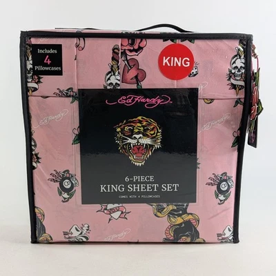 Juego de sábanas Ed Hardy Pink King Queen 6 piezas con 4 fundas de almohada - NUEVO - Ropa de cama Foto 1 de 4