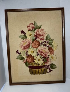 Flower Needlepoint Embroidery Floral Frame Picture 18x25 - Picture 1 of 9