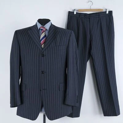 Men Vintage Striped Suit 44S US Size Trousers W35 L29 QUATTRO Grey Wool 2 Piece - Image 1 of 4