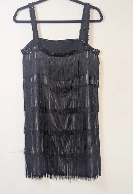 Flapper Dress Costume Sz L (10/12) Black Fringe Sequins Whimsigoth 1920's - Image 1 of 4