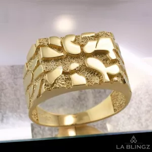 Men's Rectangle Nugget Ring 10K 14K Solid Yellow Gold Textured Statement Band - Picture 1 of 6