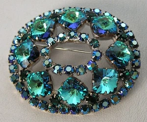 MCM Stunning Vintage A/B Aurora Borealis Blue-Green Rivoli Rhinestone Silver Pin - Picture 1 of 4