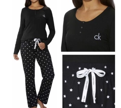 Conjunto de pijama Calvin Klein feminino manga longa lã estampa estrela preto novo - Imagem 1 de 4
