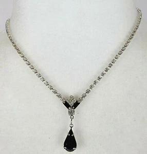 Black Onyx Clear CZ Teardrop Tennis Drop Necklace 16 inch Silver Tone Fold Clasp - Picture 1 of 6