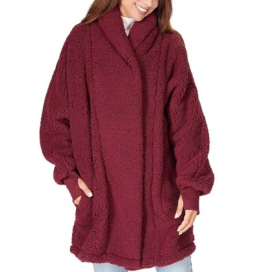 BumbleBella by Jill Martin Sherpa Shawl Collar Button Lounger Wine - Image 1 of 2