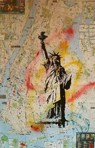 HANDMADE SILK SCREEN ON NYC BIKE AND SUBWAY MAP. "STATUE OF LIBERTY." - Picture 1 of 7