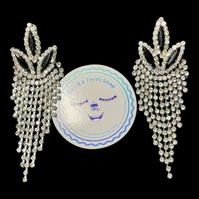 Pendientes colgantes largos de cristal blanco negro vintage de 3,5" brillantes para poste de fiesta Foto 1 de 4