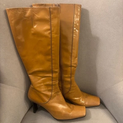 Botas de Tacón Acampanado Cuadrado Cuero Marrón Camel Coñac Nine West Y2K 8-8.5 Foto 1 de 4