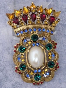 R Serbin Crown Brooch Rhinestones Faux Pearl Cabochon - Picture 1 of 6