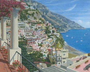 ORIGINAL RICHARD HARPUM "Positano Vista, Costa Amalfitana, Italia" PINTURA COSTERA - Imagen 1 de 1