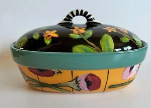 Droll Designs Hand Painted Ceramic Floral Covered Oval Casserole Dish Bowl - Picture 1 of 5
