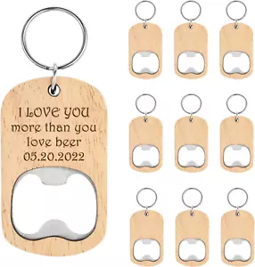 10Pcs Wooden Keychain Bottle Opener Blanks Wood Engraving Bulk Key Chain Unfinis - Picture 1 of 6