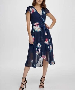 DKNY Flutter Sleeve V-Neck Faux Wrap Midi Dress AB3 Navy Size 6 - Picture 1 of 4