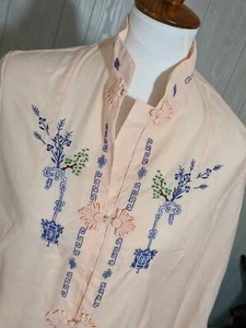 Women's Large Vintage Lyre Bird Tianjim China Hand Embroidered Peach Dress Robe - Picture 1 of 10
