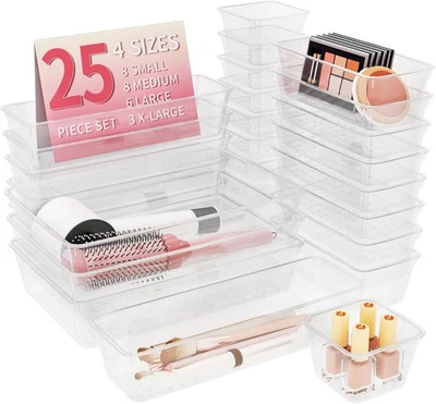 25 PCS Plastic Drawer Organizer Set, 4-Size Clear Bathroom and Vanity Desk Drawe - Image 1 of 4