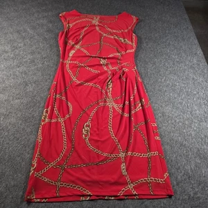 Lauren Ralph Lauren Dress Womens 6 Red Chain Print Ruched Sleeveless Sheath - Foto 1 di 10