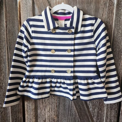 Gymboree 海军蓝和白色针织弹力荷叶边夹克金色纽扣 XS 4 码 — 第 1/4 张图片