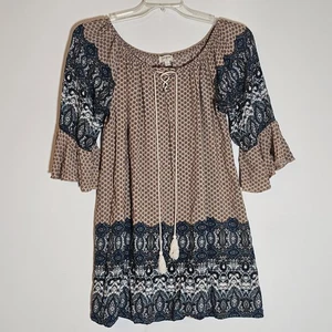 Umgee Kleid Damen groß blau hellbraun Boho Glockenärmel Quaste zum Binden Baumwollmischung Druck - Bild 1 von 12