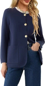Womens Crew Neck Button down Cardigan Sweaters Blazer Casual Long Sleeve Knit So - Picture 1 of 4