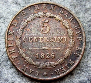 ITALIAN STATES KINGDOM OF SARDINIA CARLO FELICE 1826 5 CENTESIMI, COPPER - Picture 1 of 4