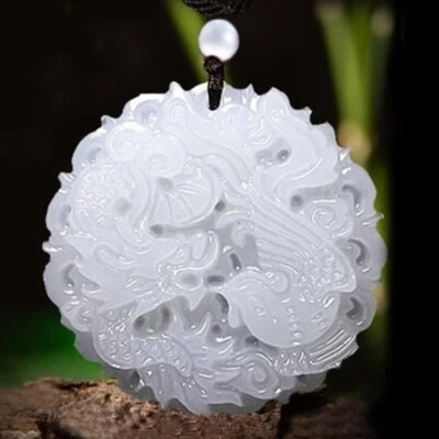 Collar colgante tallado de jade blanco para hombre y mujer 20" dragón con cuentas 50 mm D880 Foto 1 de 4