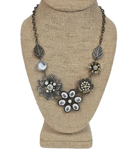 Chunky Floral Statement Necklace 16" Faux Pearl Rhinestone Accent Romantic Goth - Picture 1 of 13