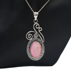 Triplet Opal, Rose Quartz Gemstone 925 Sterling Silver Handmade Pendant 3" - Picture 1 of 6