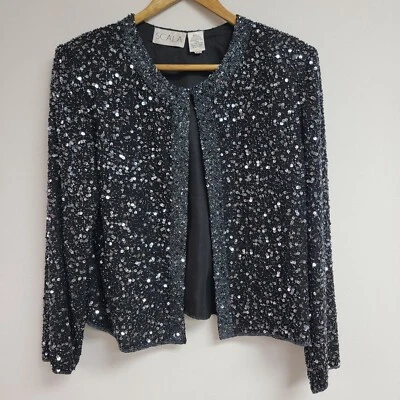 Scala Womens Black Vintage Silk Evening Jacket Small Petite Sequin Beaded Formal - Image 1 of 4