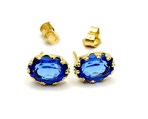 Deep Blue Faceted Glass Stud Style Small Gold Tone Modern Pierced Earrings - Picture 1 of 23