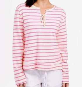 Neu mit Etikett Fresh Produce Weekender Hilton Sweatshirt Flamingo pink & weiß gestreift L $ 65 - Bild 1 von 1