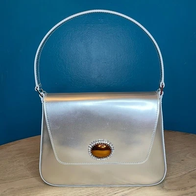 Bolso de Hombro Valentina Rangoni Perfetta Camafeo Joya Cuero de Becerro Plateado Foto 1 de 4