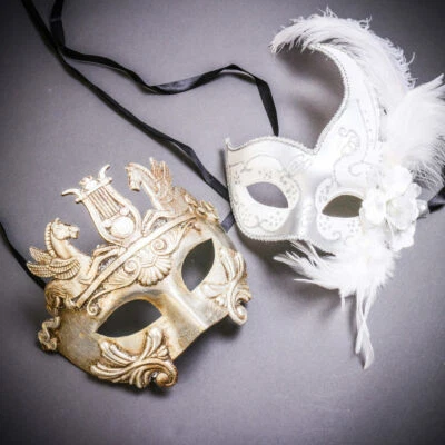 Silver Venetian Warrior Pegasus & White Side Feather Glitter Couple Masks Set - Image 1 of 4