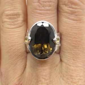 925 Sterling Silver Real Oval-Cut Smoky Quartz & Citrine Ring Size 7 - Picture 1 of 8
