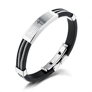 New Silicone Wristband Stainless Steel Wire Chain bible Cross ID Bracelet 8.26'' - Picture 1 of 4