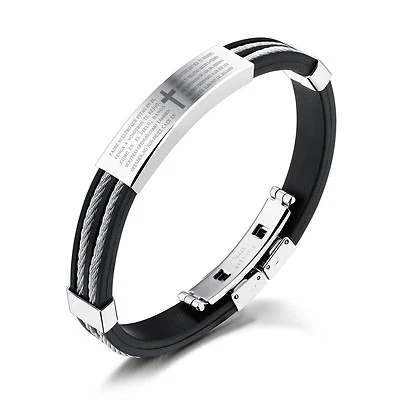 New Silicone Wristband Stainless Steel Wire Chain bible Cross ID Bracelet 8.26'' - Image 1 of 4