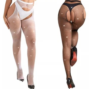 Sexy Black Fishnet Tights Rhinestone Crotchless Pantyhose Plus Size Lingerie - Picture 1 of 17