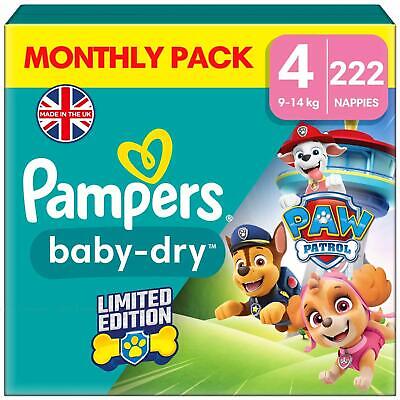 Pampers Paw Patrol Baby Dry Size 4 Nappy 9-14kg Saving Monthly Pack 222 Nappies • 46.99£