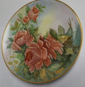 Hand Painted 10" Decorative Plate Orange Roses & Gold Trim by Meuriel Moore - Picture 1 of 7