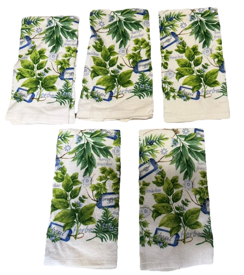 VINTAGE NEU OHNE ETIKETT FRANCO MENGE 5 KRÄUTER OREGANO BLATT BAUMWOLLE HANDTÜCHER 15 X 24,5" - Bild 1 von 1