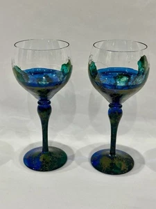 Set Of 2 Handblown Wine Goblet, Romania Multicolored Accents Blue Green Gold - Picture 1 of 6