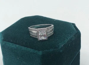 solid 925 sterling silver cubic zirconia emerald cut engagement ring - Picture 1 of 10