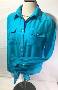 Lauren Ralph Lauren Size L Woman’s Blouse Blue Cotton/Silk Buttons Knot Front - Picture 1 of 9