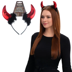 Ladies Devil Horns with Fur Headband | Red & Black Halloween Fancy Dress Access - Picture 1 of 7