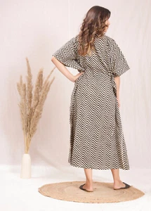 Light black Color Block Print Maxi Good Sleep Kaftan Made of 100% Cotton kaftan - Picture 1 of 10