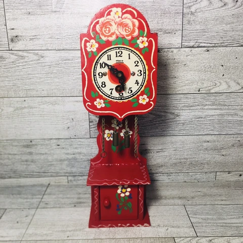 VTG Miniature Grandfather Clock Heco Germany Red Wood Hand Painted Henry Koehler Cover