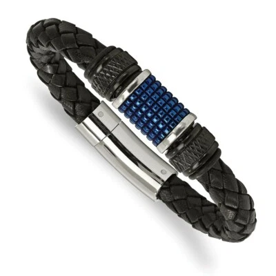 Stainless Steel Polished Blk & Blue IP Blk Rubber Blk Leather Bracelet - Image 1 of 4