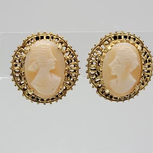 VTG Carved Shell Cameo Clip Earrings Ladies Profile - Picture 1 of 9