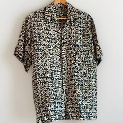 Camisa masculina Robert Stock M 100% seda vintage azul-petróleo bronzeada estampada com botões - Imagem 1 de 4