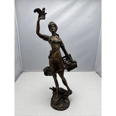 Antigua Estatua de Bronce Emile Guillemin Dama Estatuilla Artista Francés Pájaros Cesta Foto 1 de 4