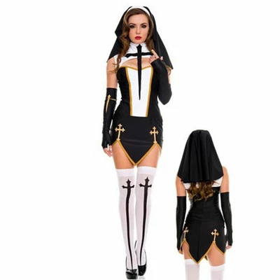 Vestido de freira feminino mau hábito para roupa de Halloween conjunto com 4 peças fantasia cosplay freira sexy - Imagem 1 de 4